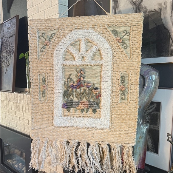 Handcrafted Floral Tapestry Wall Hanging - Cream and Green 26 x 24 - Picture 6 of 6